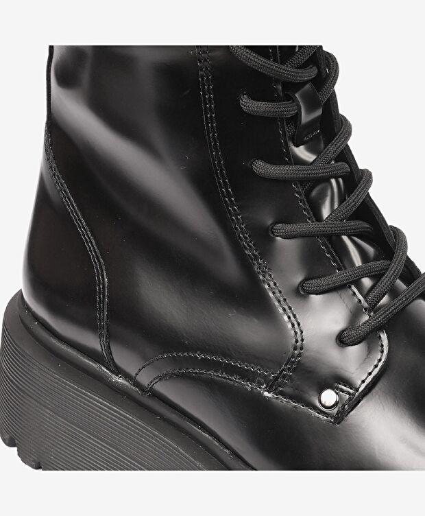 Kadın Parlak Siyah Hakiki Deri Memory Foam Taban Military Bot - 5