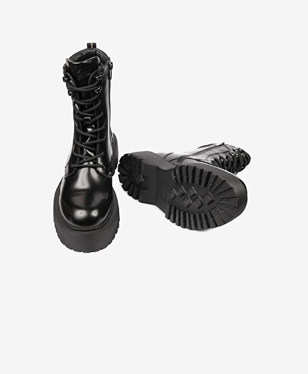 Kadın Parlak Siyah Hakiki Deri Memory Foam Taban Military Bot - 6