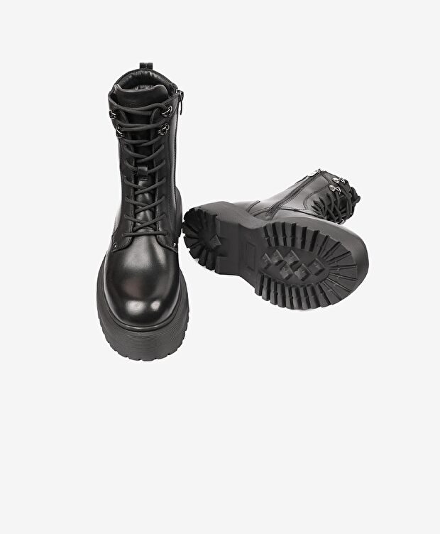 Kadın Parlak Siyah Hakiki Deri Memory Foam Taban Military Bot - 6