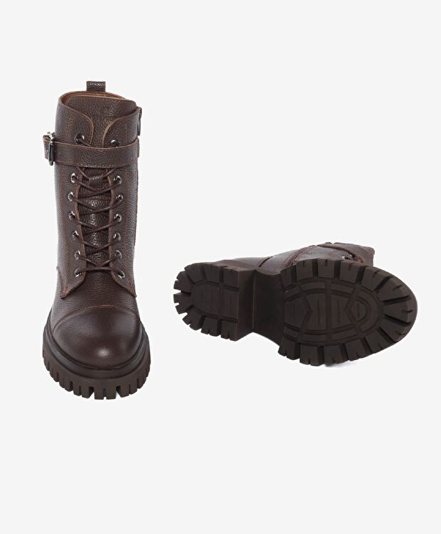 Kadın Kahverengi Hakiki Deri Military Bot - 6