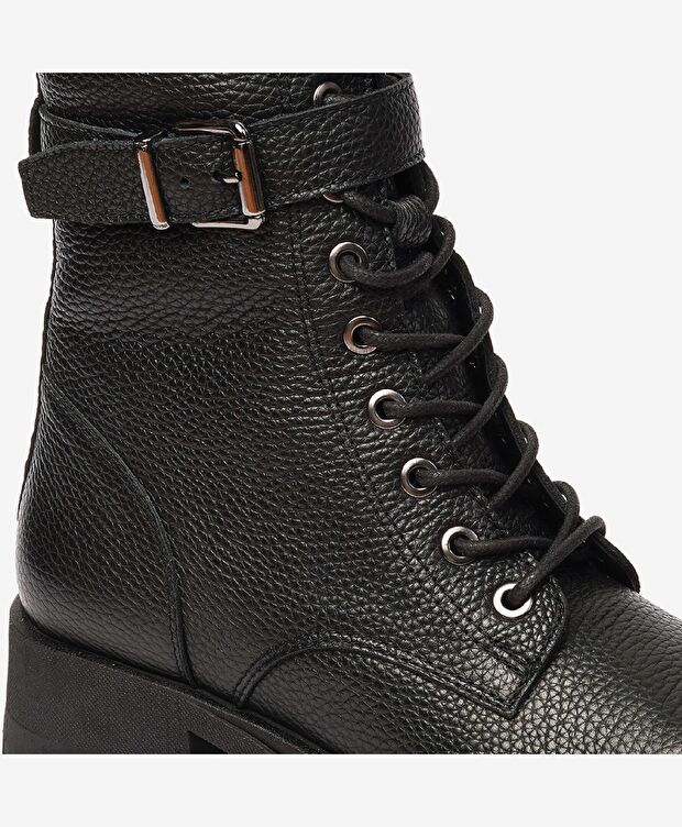 Kadın Siyah Hakiki Deri Military Bot - 5