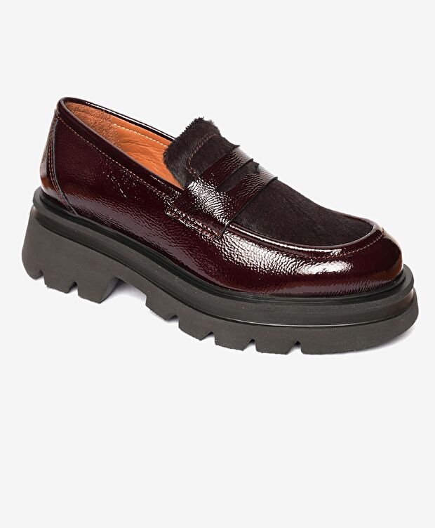 Kadın Bordo Kırışık Rugan Hakiki Deri Loafer Ayakkabı - 2