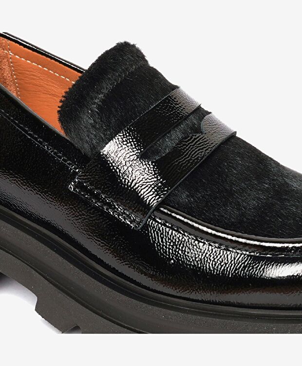 Kadın Siyah Kırışık Rugan Hakiki Deri Loafer Ayakkabı - 5