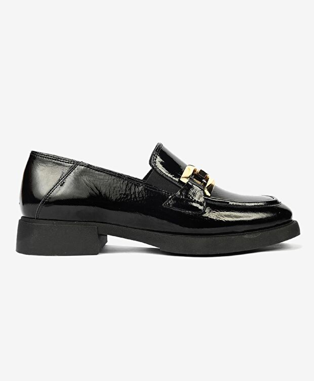 Kadın Siyah Kırışık Rugan Hakiki Deri Loafer Ayakkabı - 1