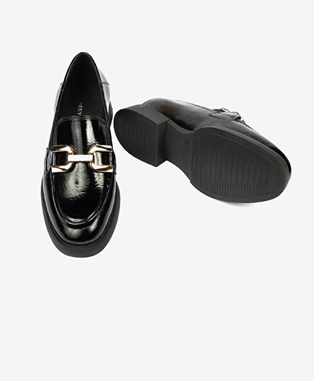 Kadın Siyah Kırışık Rugan Hakiki Deri Loafer Ayakkabı - 6