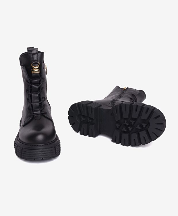 Kadın Siyah Hakiki Deri Termo Taban Military Bot - 5