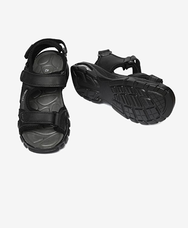 Erkek Siyah Hakiki Deri Sandalet - 6