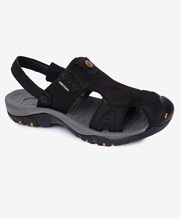 Erkek Siyah Hakiki Deri Sandalet - 1