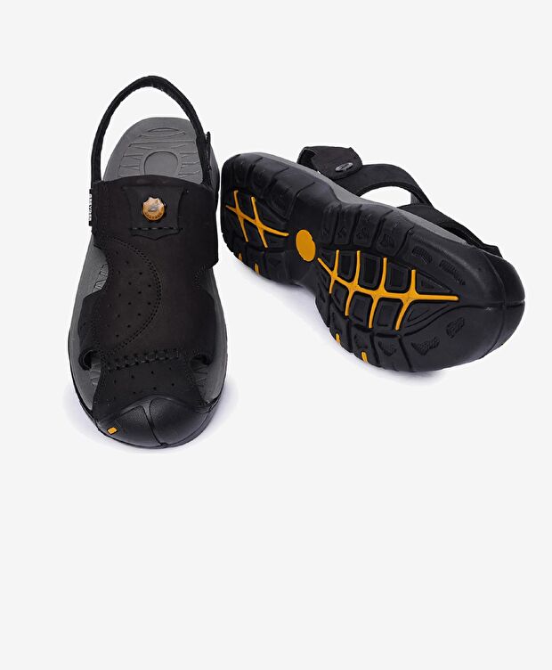 Erkek Siyah Hakiki Deri Sandalet - 6