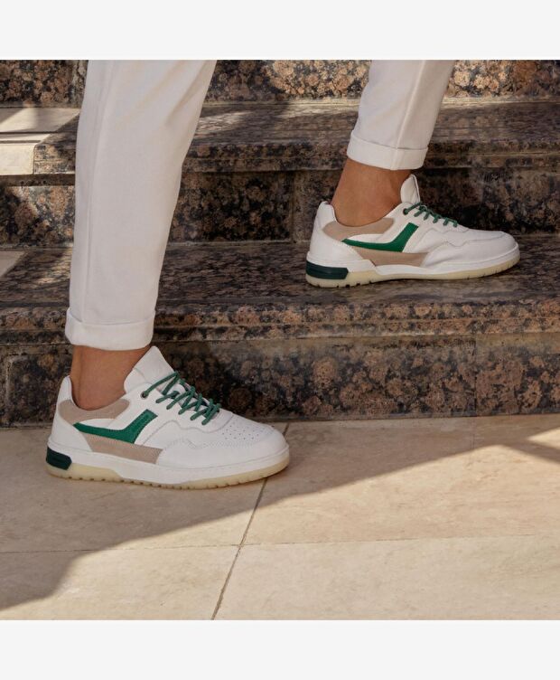 Erkek Beyaz Yeşil Hakiki Deri Sneaker Ayakkabı - 9