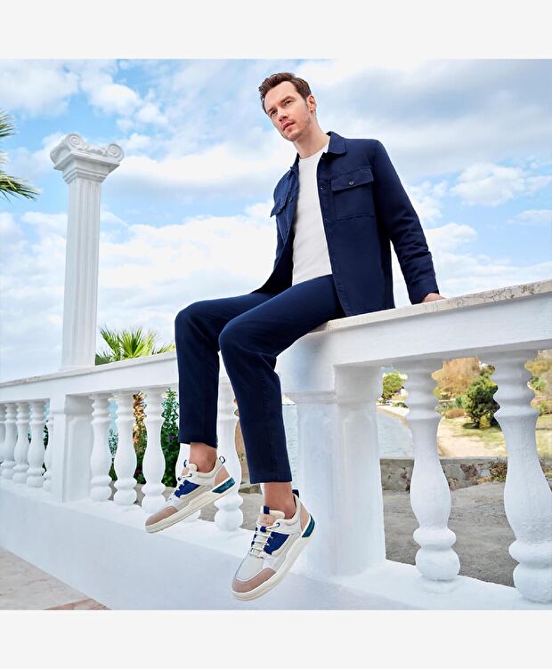 Erkek Beyaz Açık Vizon Hakiki Deri Sneaker Ayakkabı - 2