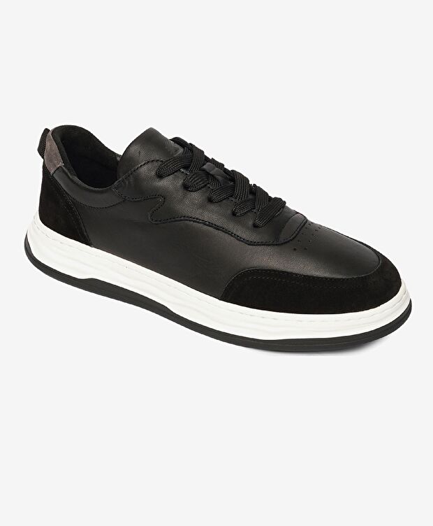 Erkek Siyah Gri Hakiki Deri Sneaker Ayakkabı - 1