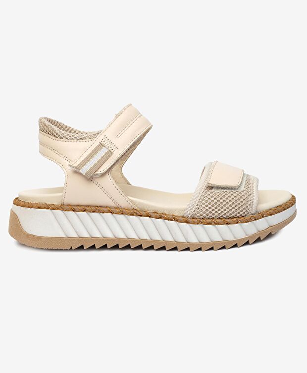 Kadın Krem Hakiki Deri Sandalet - 1