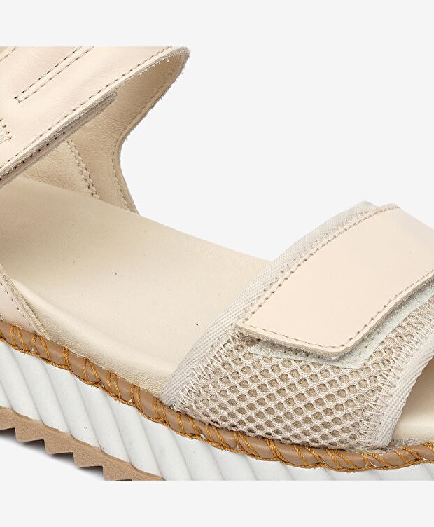 Kadın Krem Hakiki Deri Sandalet - 5