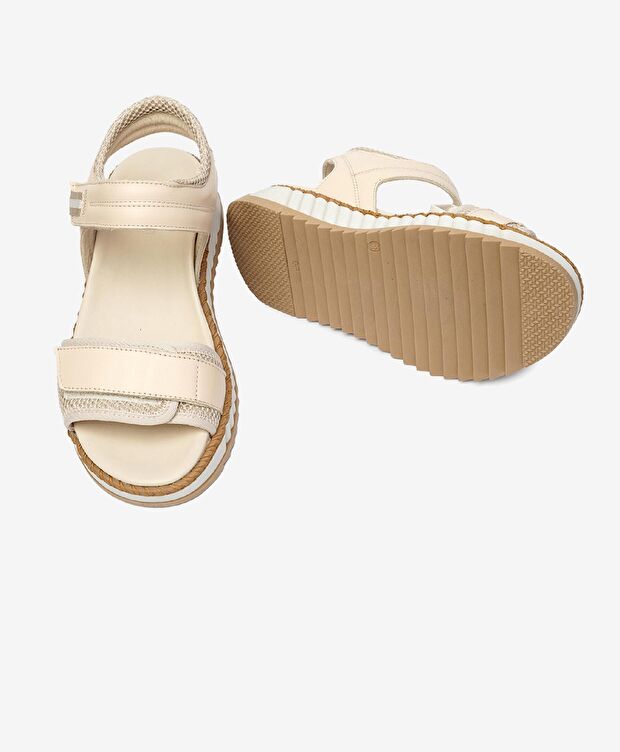 Kadın Krem Hakiki Deri Sandalet - 6