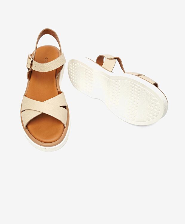 Kadın Bej Hakiki Deri Sandalet - 6