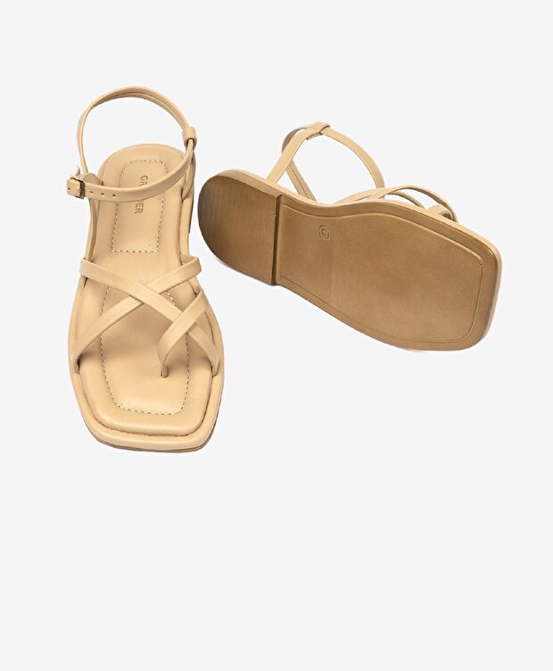 Kadın Krem Hakiki Deri Sandalet - 6