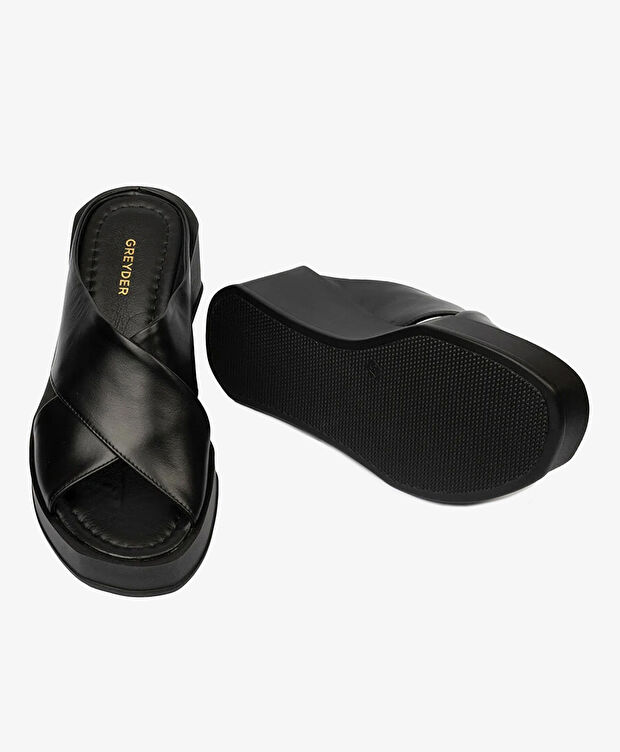 Kadın Siyah Hakiki Deri Topuklu Terlik - 6