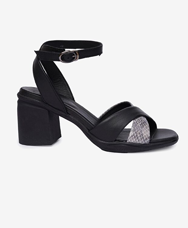 Kadın Siyah Hakiki Deri Topuklu Sandalet - 1