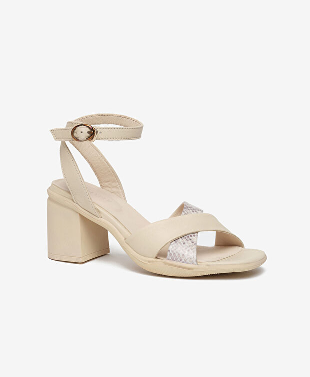 Kadın Bej Hakiki Deri Topuklu Sandalet - 2