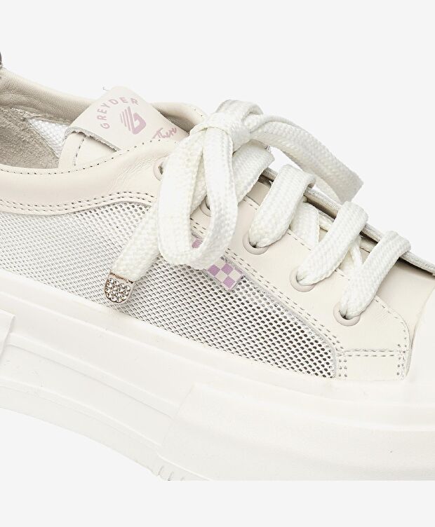 Kadın Kirli Beyaz Lila Hakiki Deri Sneaker Ayakkabı - 5