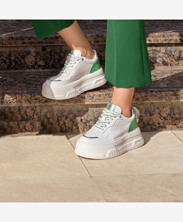 Kadın Beyaz Yeşil Hakiki Deri Sneaker Ayakkabı - 9