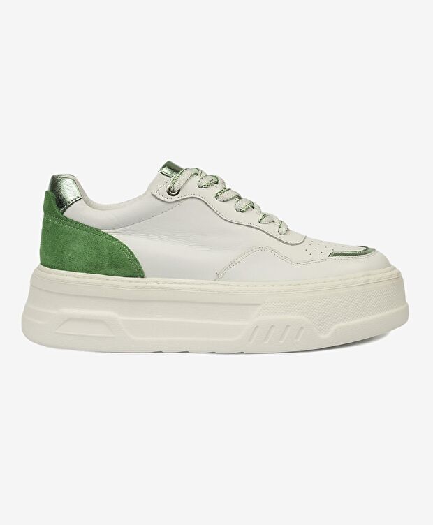 Kadın Beyaz Yeşil Hakiki Deri Sneaker Ayakkabı - 1