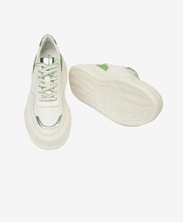 Kadın Beyaz Yeşil Hakiki Deri Sneaker Ayakkabı - 6
