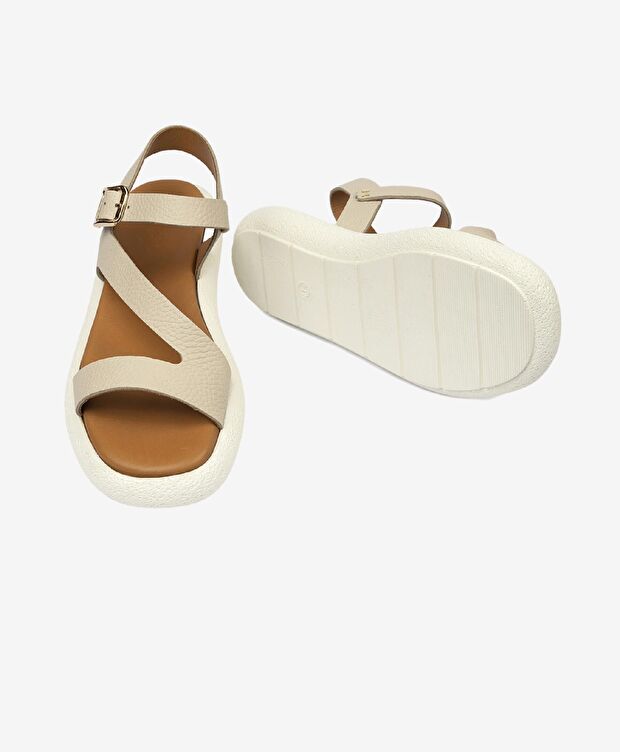 Kadın Bej Hakiki Deri Sandalet - 6