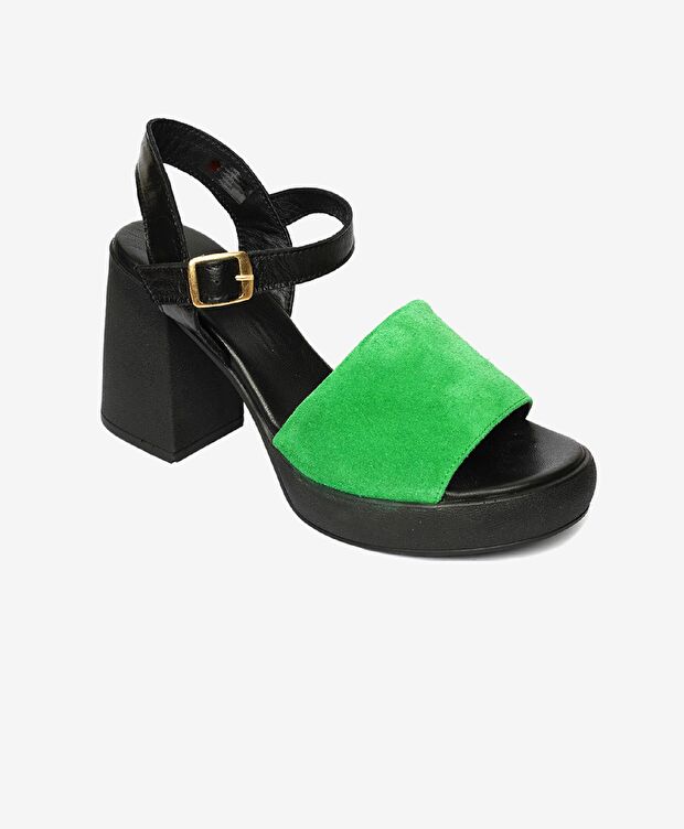 Kadın Siyah Yeşil Hakiki Deri Sandalet - 2