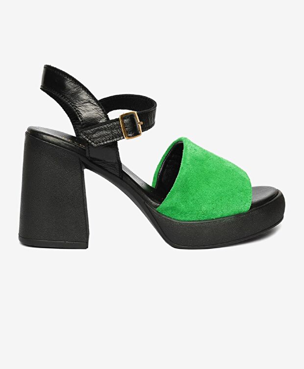 Kadın Siyah Yeşil Hakiki Deri Sandalet - 1
