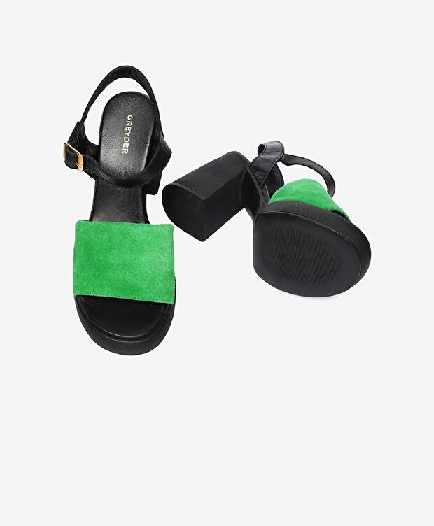 Kadın Siyah Yeşil Hakiki Deri Sandalet - 6