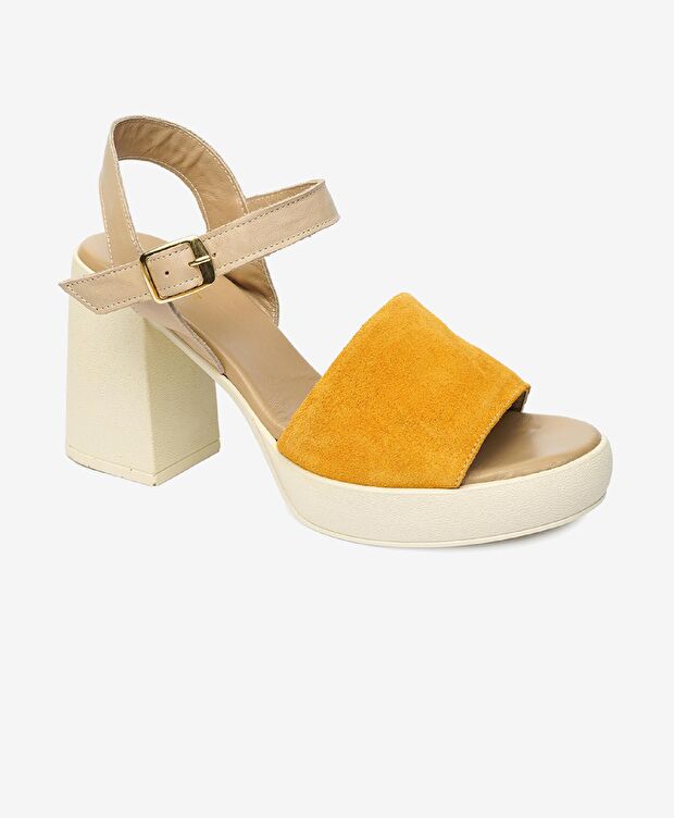 Kadın Sarı Süet Bej Hakiki Deri Sandalet - 2