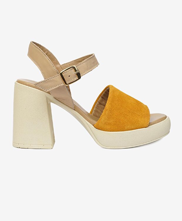 Kadın Sarı Süet Bej Hakiki Deri Sandalet - 1