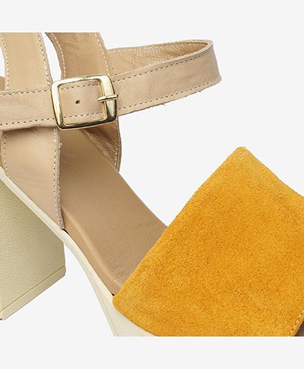 Kadın Sarı Süet Bej Hakiki Deri Sandalet - 5