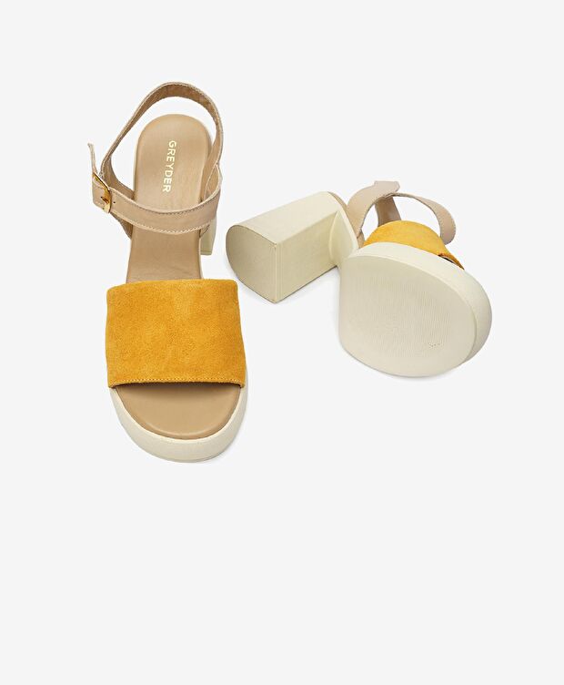 Kadın Sarı Süet Bej Hakiki Deri Sandalet - 6