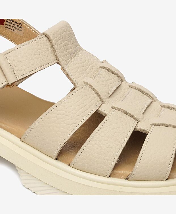 Kadın Bej Hakiki Deri Sandalet - 5