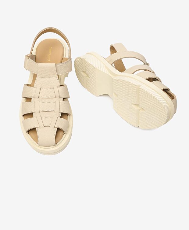 Kadın Bej Hakiki Deri Sandalet - 6