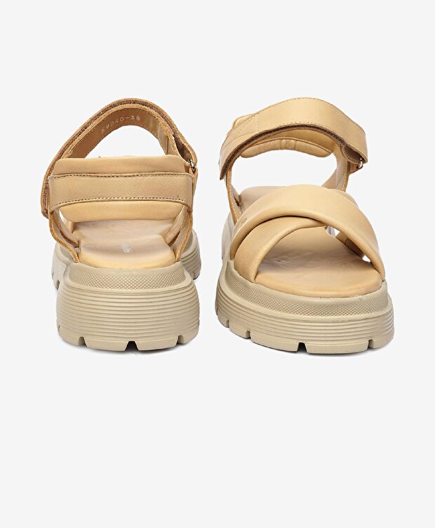 Kadın Krem Hakiki Deri Sandalet - 7