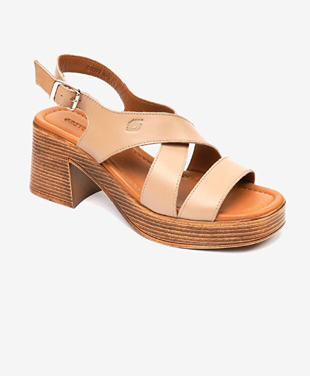 Kadın Krem Hakiki Deri Topuklu Sandalet - 2