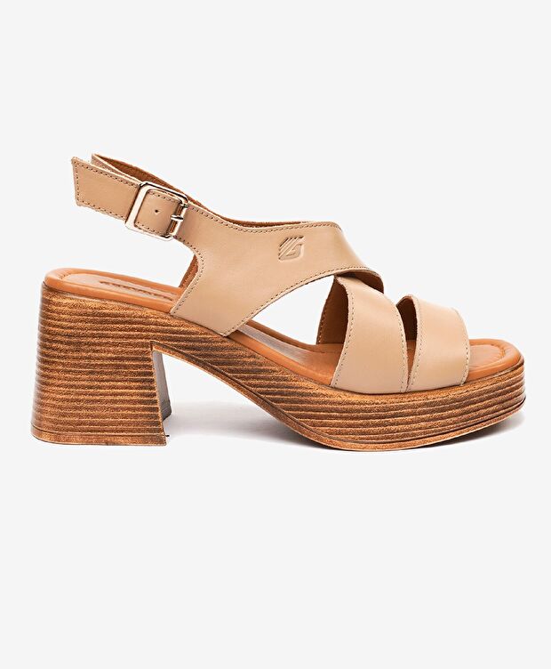 Kadın Krem Hakiki Deri Topuklu Sandalet - 1