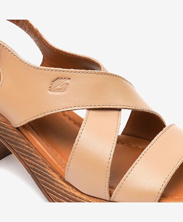 Kadın Krem Hakiki Deri Topuklu Sandalet - 5