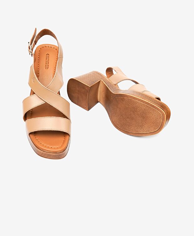 Kadın Krem Hakiki Deri Topuklu Sandalet - 6