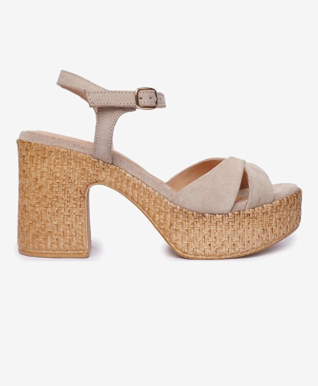 Kadın Bej Süet Hakiki Deri Topuklu Sandalet - 1