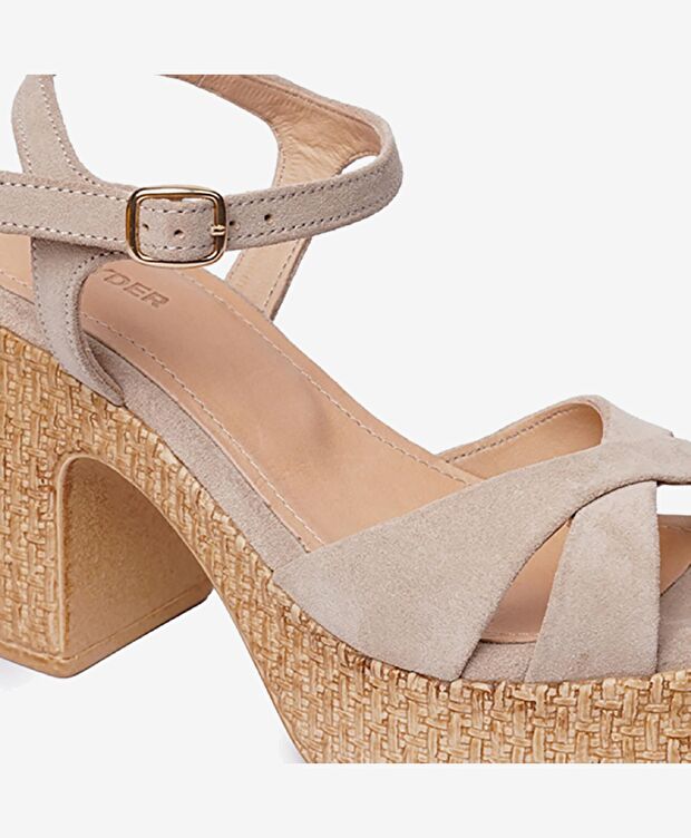 Kadın Bej Süet Hakiki Deri Topuklu Sandalet - 5