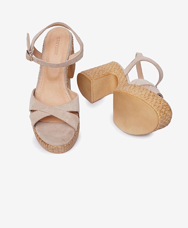 Kadın Bej Süet Hakiki Deri Topuklu Sandalet - 6