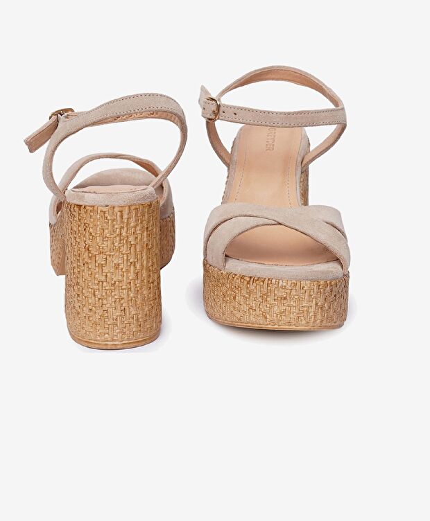 Kadın Bej Süet Hakiki Deri Topuklu Sandalet - 7