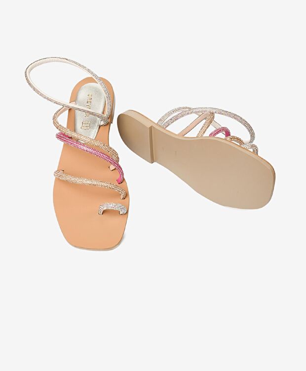 Kadın Pembe Hakiki Deri Taşlı Sandalet - 8