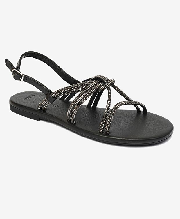 Kadın Platin Taşlı Hakiki Deri Sandalet - 2