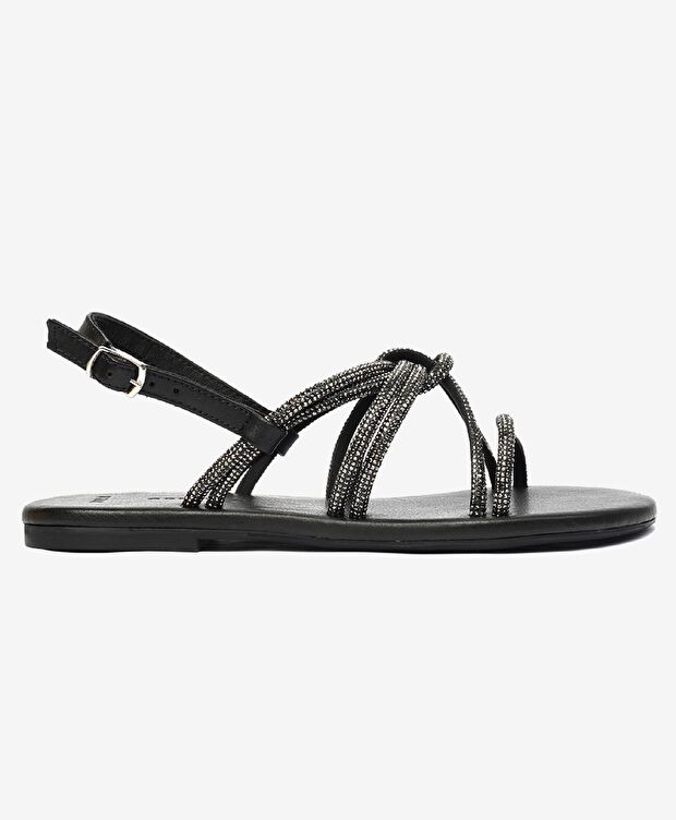 Kadın Platin Taşlı Hakiki Deri Sandalet - 1